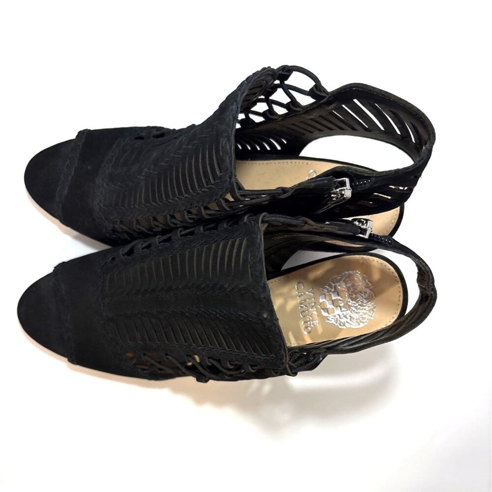 Black Peep-Toe Laser-Cut Heeled Sandals With Back Zippers & Wooden Cone Heels - Picture 9 of 9